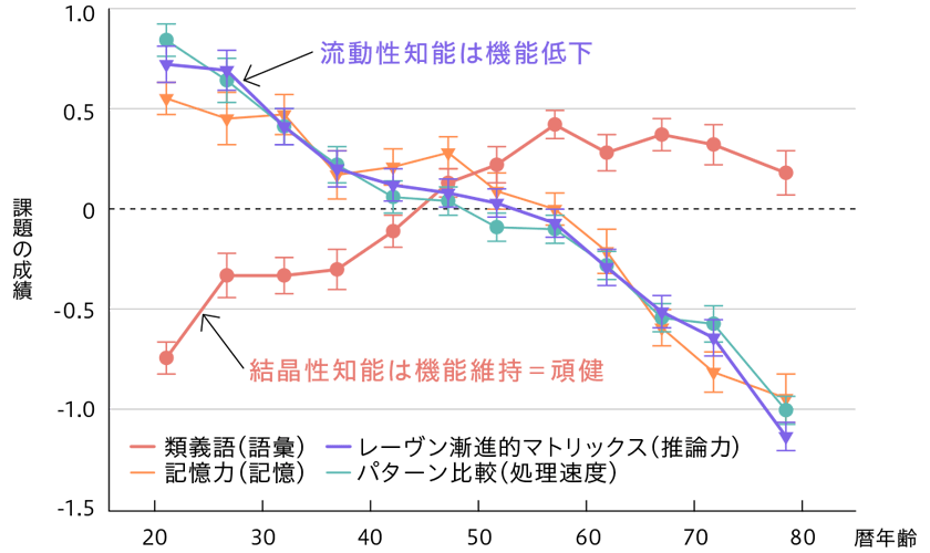 各種の課題における認知的加齢変化（Salthouse, 2004を改変）